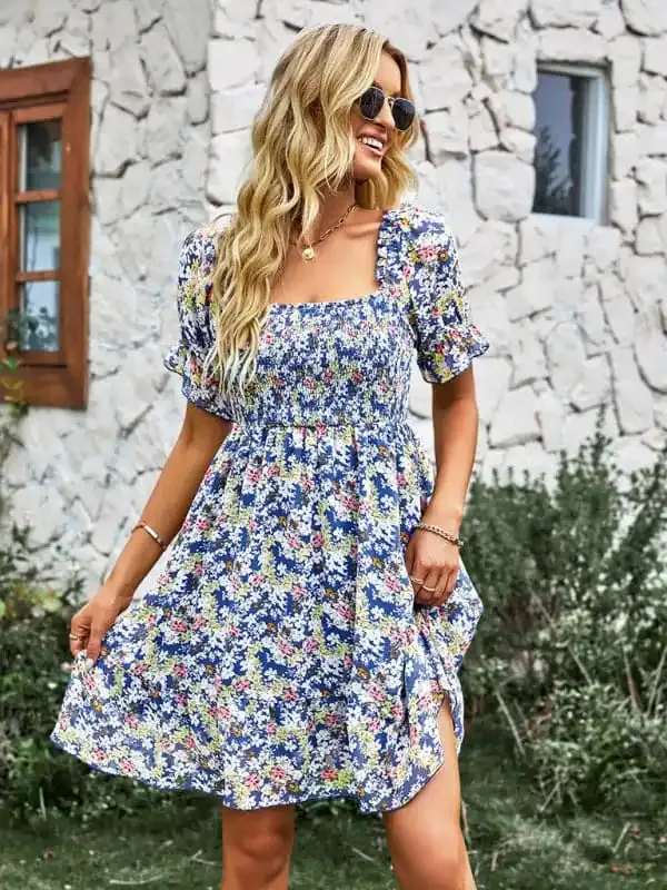 Women’s French square collar skirt short sleeve Floral Dress