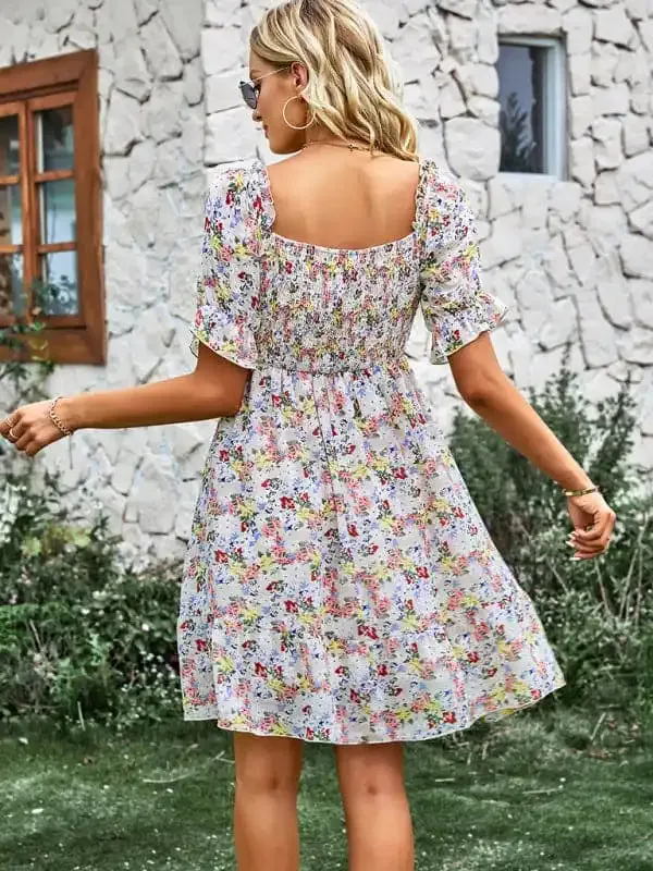 Women’s French square collar skirt short sleeve Floral Dress