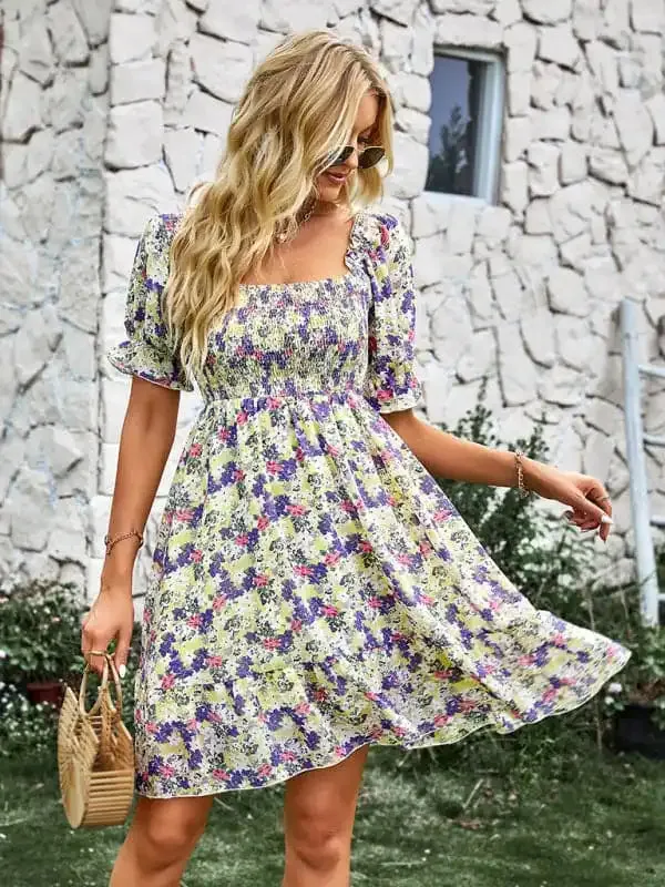 Women’s French square collar skirt short sleeve Floral Dress