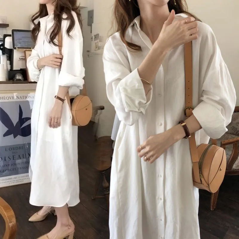 Womens Loose Cotton Linen Long Sleeves Shirt Dress