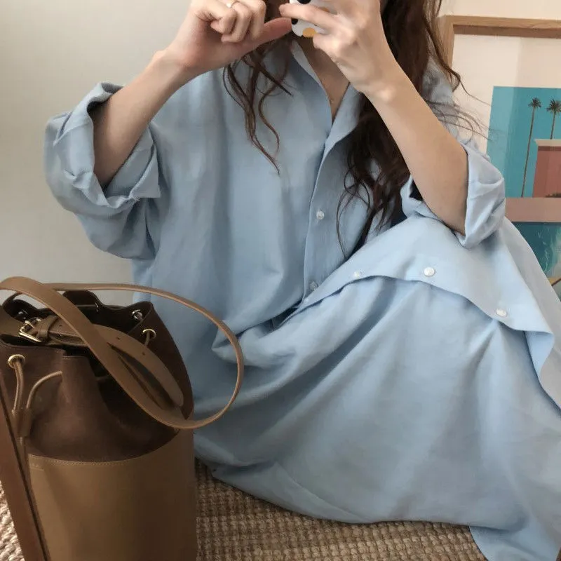 Womens Loose Cotton Linen Long Sleeves Shirt Dress