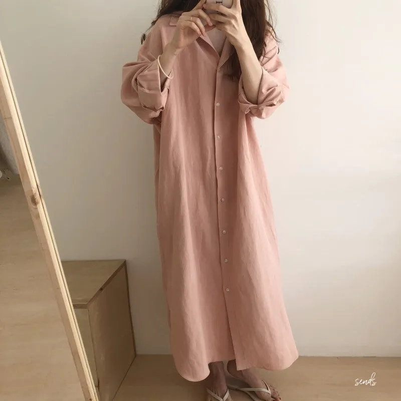 Womens Loose Cotton Linen Long Sleeves Shirt Dress