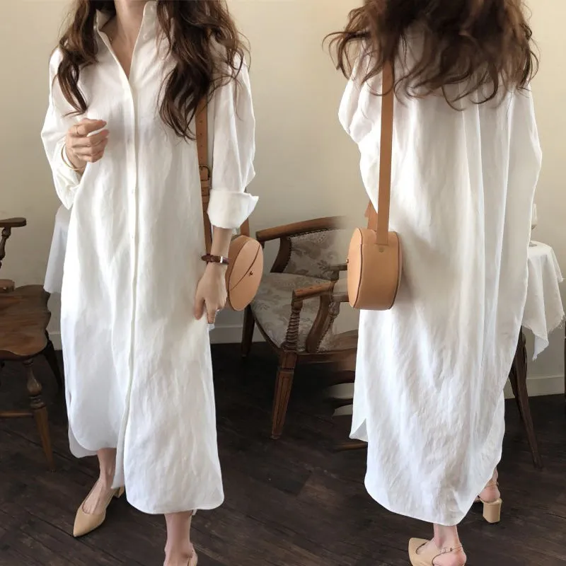 Womens Loose Cotton Linen Long Sleeves Shirt Dress