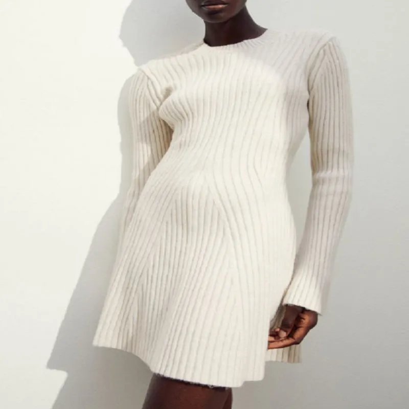 Women's Textured Round Neck Long Sleeve Slim Knit Dress