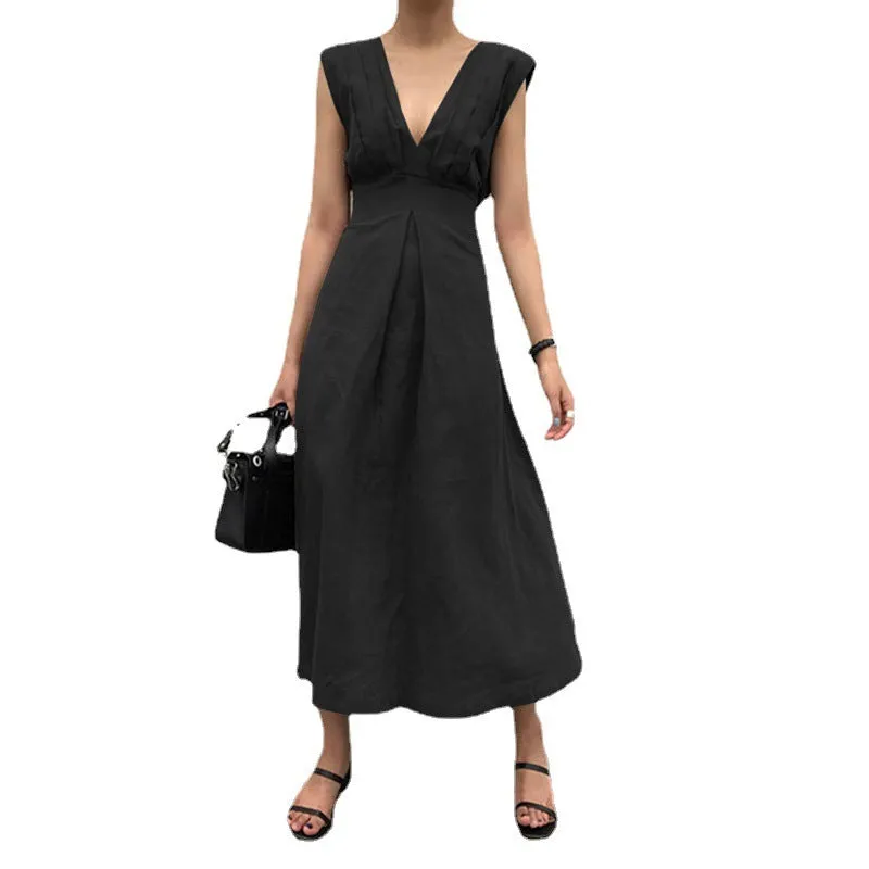 Women's V-neck Sleeveless Solid Color Dress