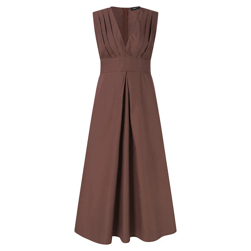 Women's V-neck Sleeveless Solid Color Dress